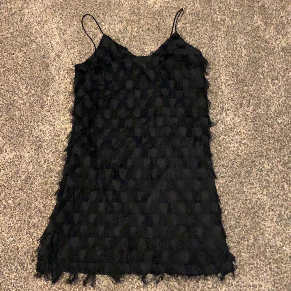 Feather-detailed Black Shift Dress